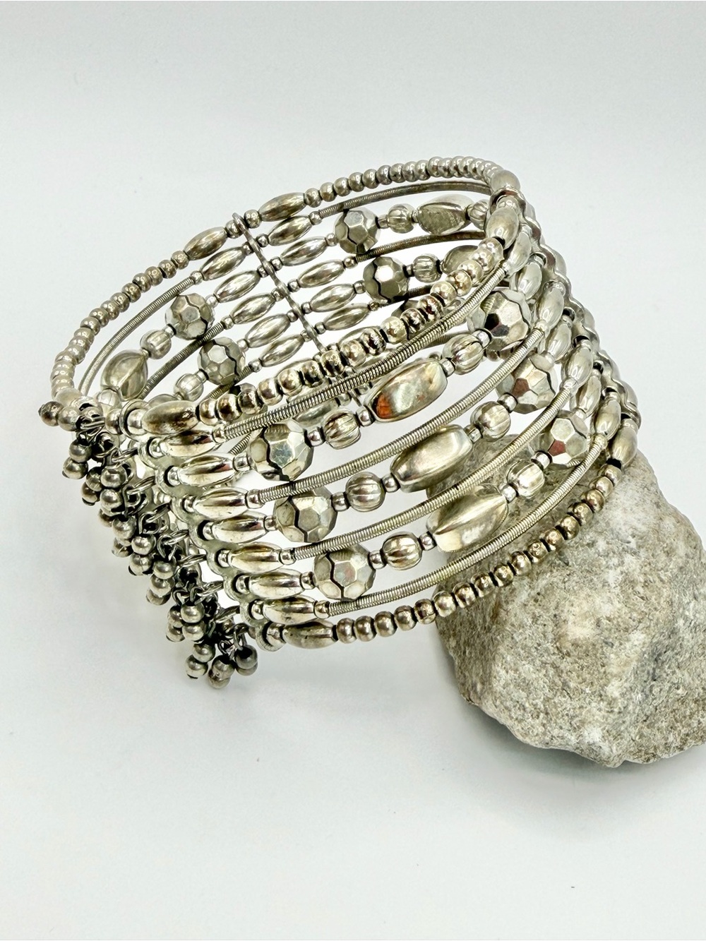 Silver Multi-Row Beaded Coil Bracelet
